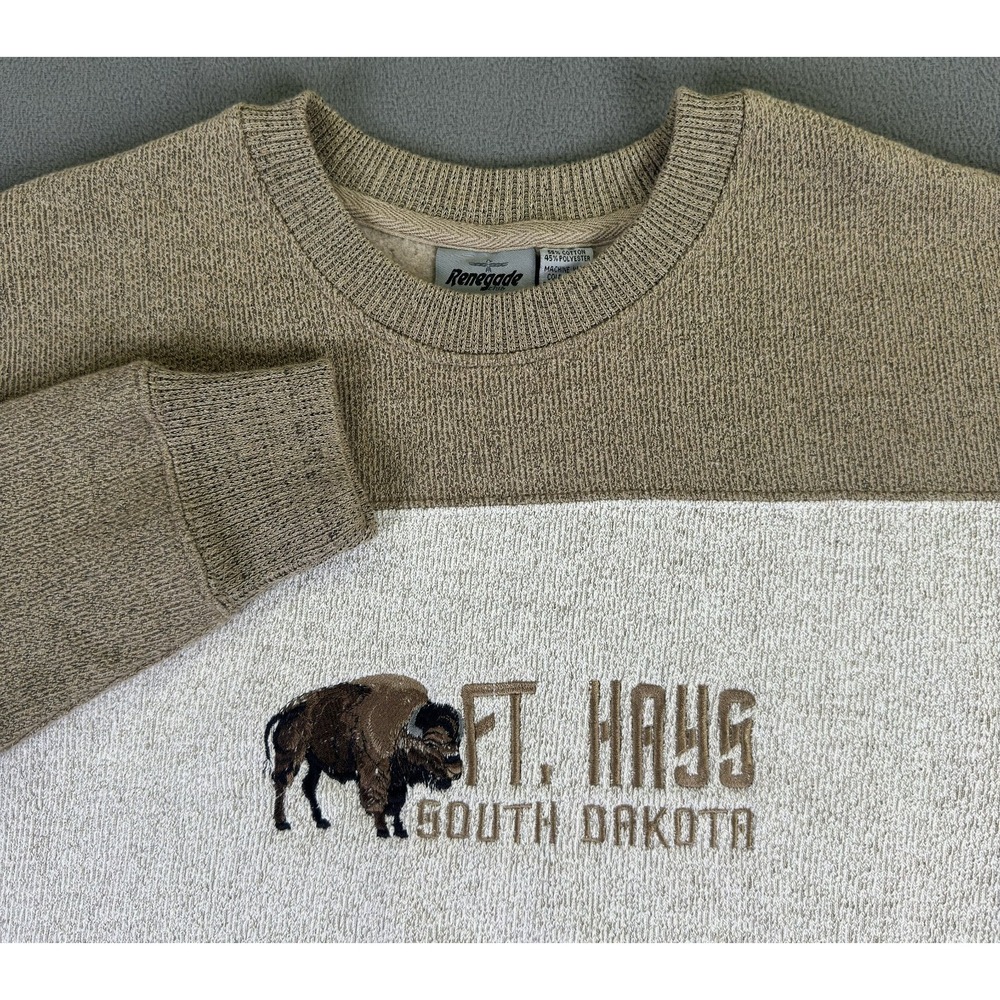 Renegade Club Sweater‎ Large Brown Beige Ft Hays South Dakota Bison Nature Boxy